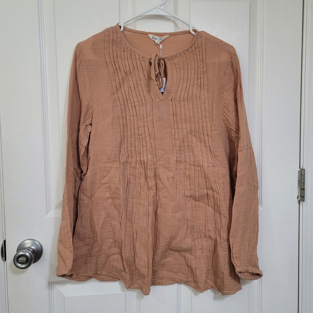 Elsie & Zoey Womens M Cotton Gauze Pintuck Pleated Tie Neck Blouse Top NWT
